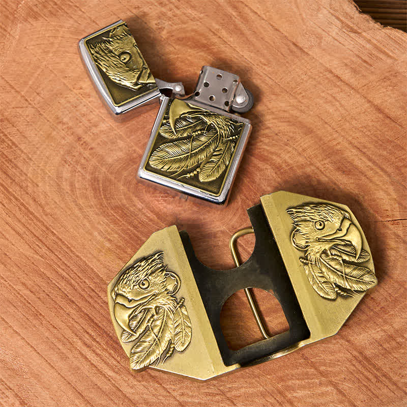 Ceinture en cuir pour homme avec triple aigle en bronze et briquet caché - image 1