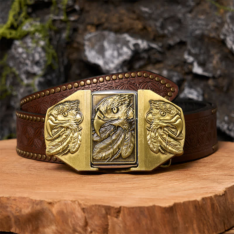 Ceinture en cuir pour homme avec triple aigle en bronze et briquet caché