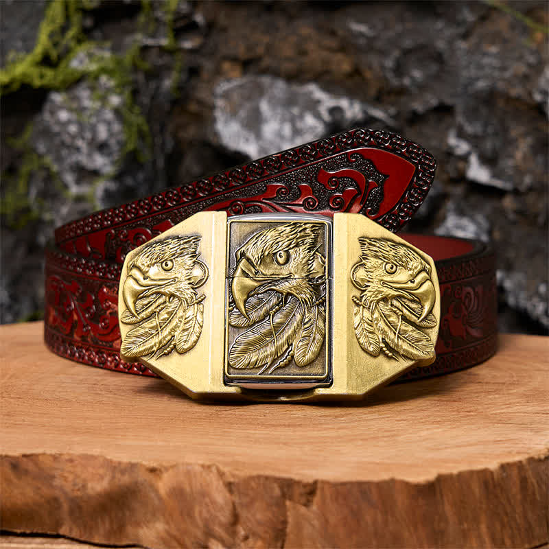Ceinture en cuir pour homme avec triple aigle en bronze et briquet caché - Aigle - Ceinture marron sculptée - 42 - image 8