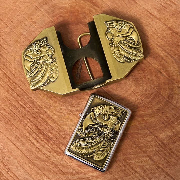 Ceinture en cuir pour homme avec triple aigle en bronze et briquet caché