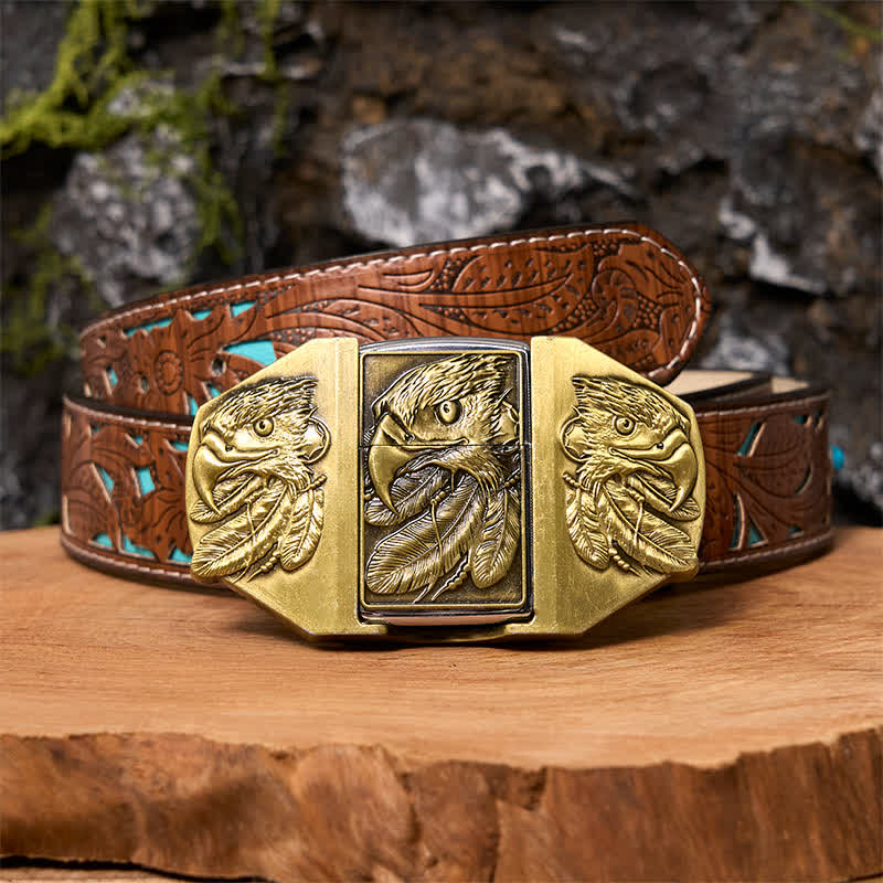 Ceinture en cuir pour homme avec triple aigle en bronze et briquet caché