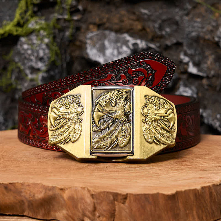 Ceinture en cuir pour homme avec triple aigle en bronze et briquet caché