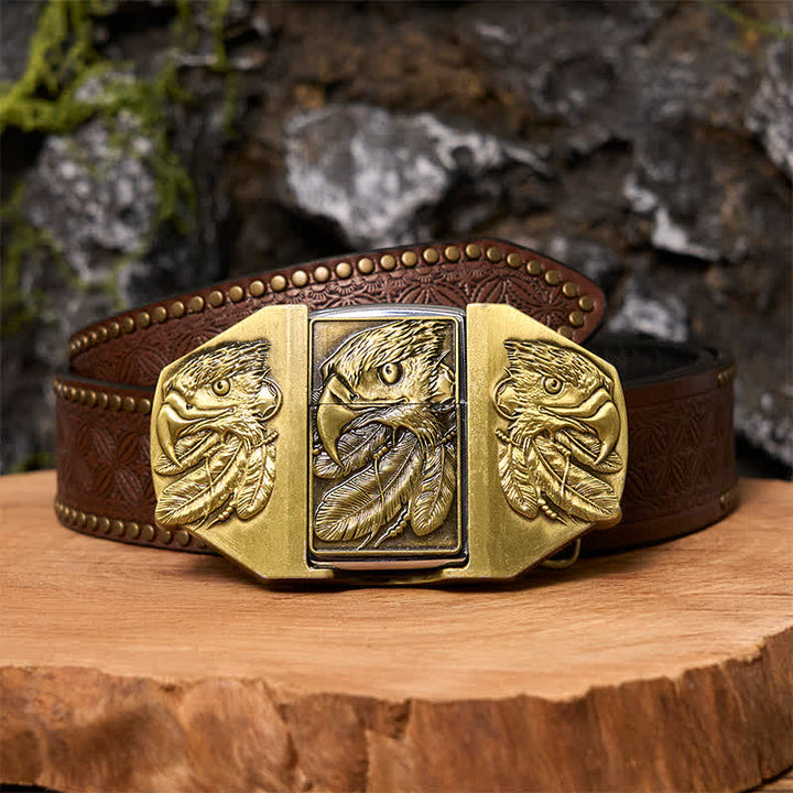 Ceinture en cuir pour homme avec triple aigle en bronze et briquet caché - Aigle - Ceinture à rivets marron - 42 - image 6