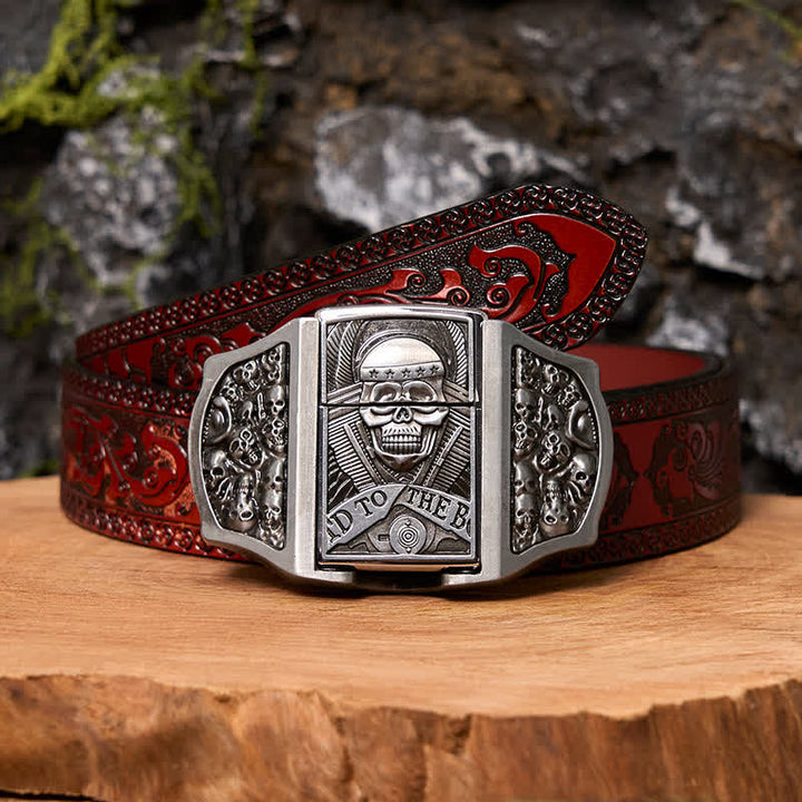 Ceinture en cuir pour homme avec tête de mort et briquet caché - Crâne - Ceinture marron sculptée - 42 - image 8