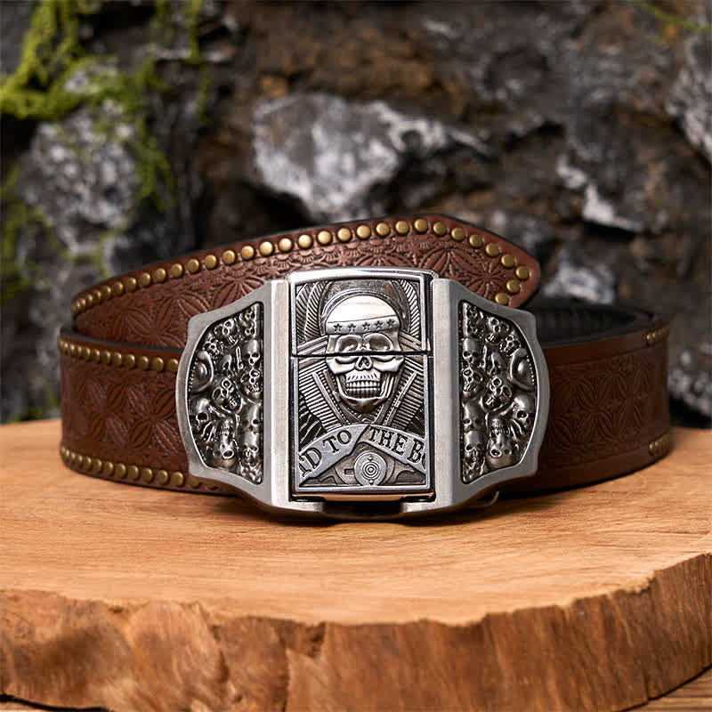 Ceinture en cuir pour homme avec tête de mort et briquet caché - Crâne - Ceinture à rivets marron - 42 - image 6