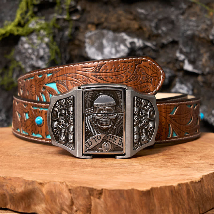 Ceinture en cuir pour homme avec tête de mort et briquet caché - Crâne - Ceinture sculptée en turquoise - 42 - image 5
