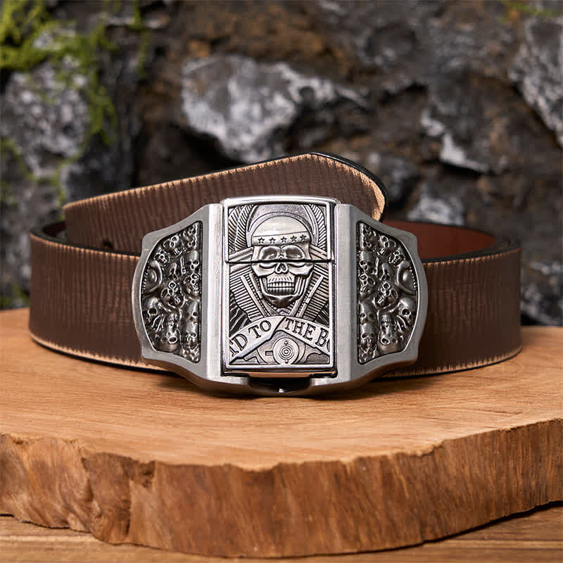 Ceinture en cuir pour homme avec tête de mort et briquet caché - Crâne - Ceinture marron vieillie - 42 - image 7