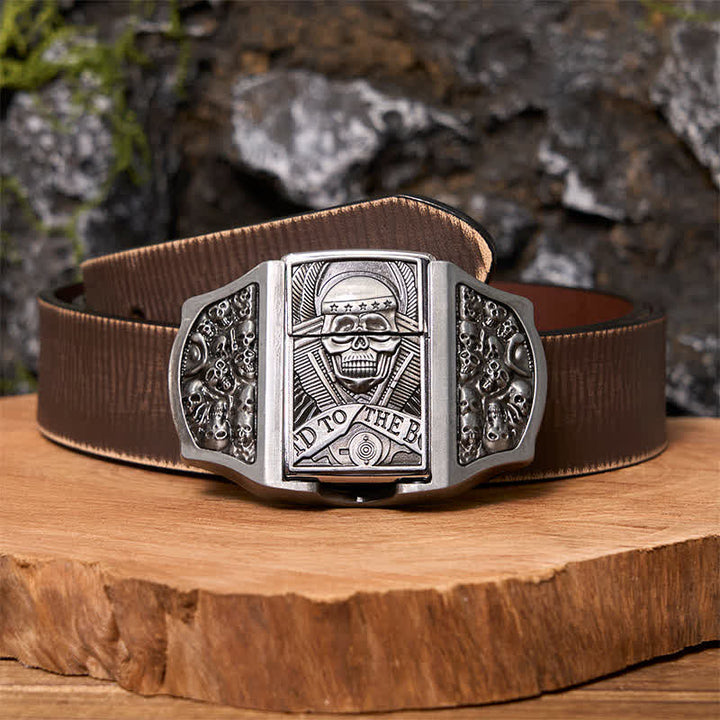 Ceinture en cuir pour homme avec tête de mort et briquet caché - Crâne - Ceinture marron vieillie - 42 - image 7