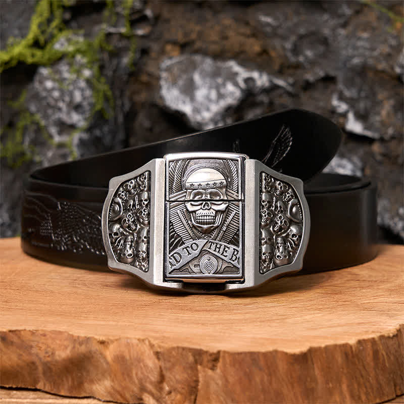 Ceinture en cuir pour homme avec tête de mort et briquet caché - Crâne - Ceinture noire avec aigle en relief - 42 - image 4