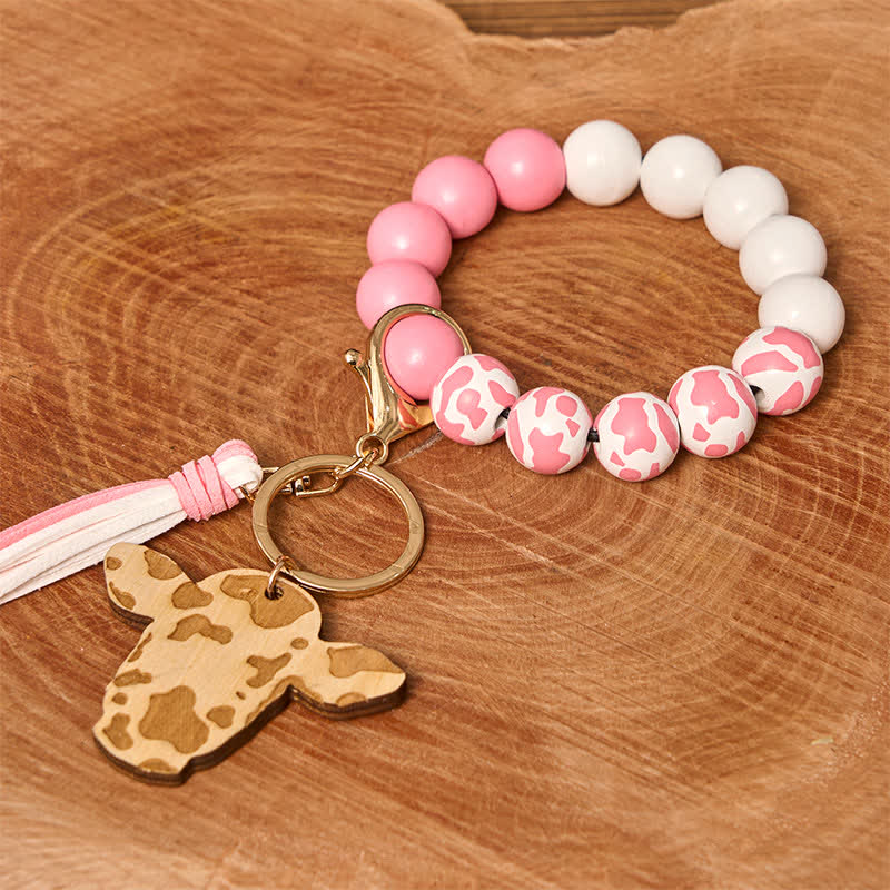 Bracelet western en perles de bois de vache avec pompon - Vache rose - image 6