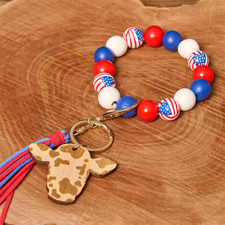 Bracelet western en perles de bois de vache avec pompon - Drapeau américain - image 5