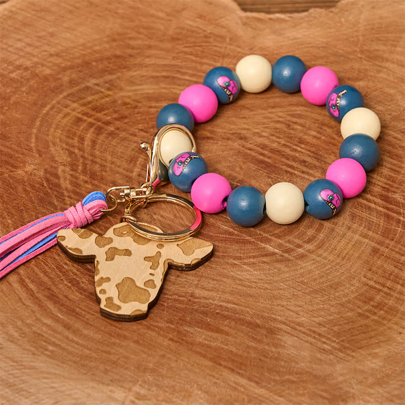 Bracelet western en perles de bois de vache avec pompon - chapeau de cowboy - image 4