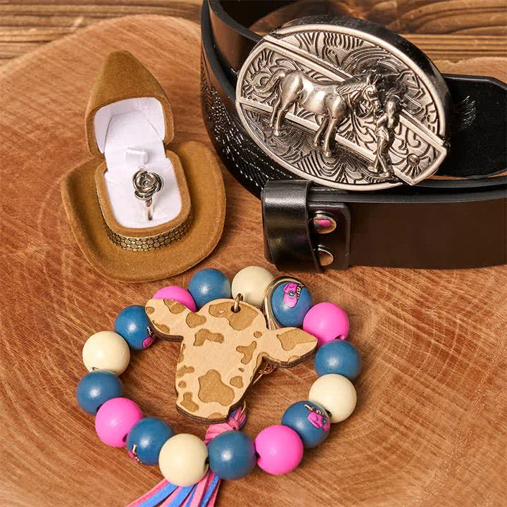 Ensemble de bracelets en perles de bois avec boucle de ceinture et couteau caché pour cowgirl