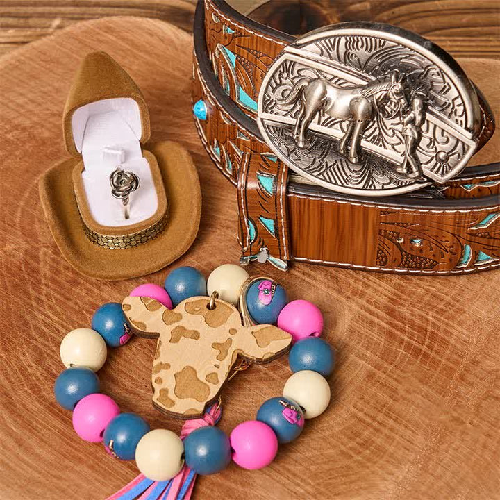 Ensemble de bracelets en perles de bois avec boucle de ceinture et couteau caché pour cowgirl