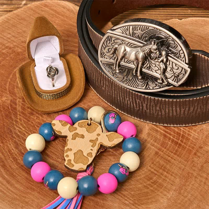 Ensemble de bracelets en perles de bois avec boucle de ceinture et couteau caché pour cowgirl