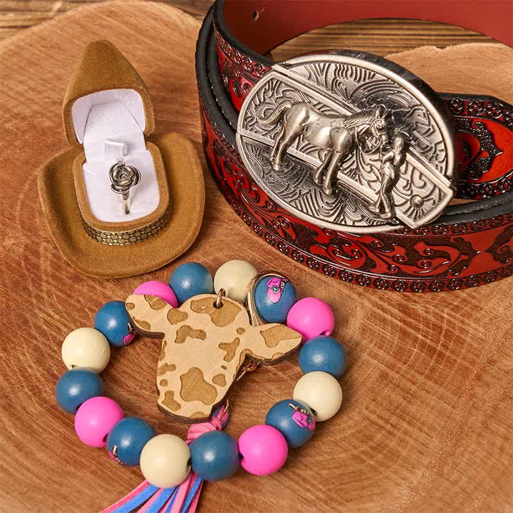 Ensemble de bracelets en perles de bois avec boucle de ceinture et couteau caché pour cowgirl
