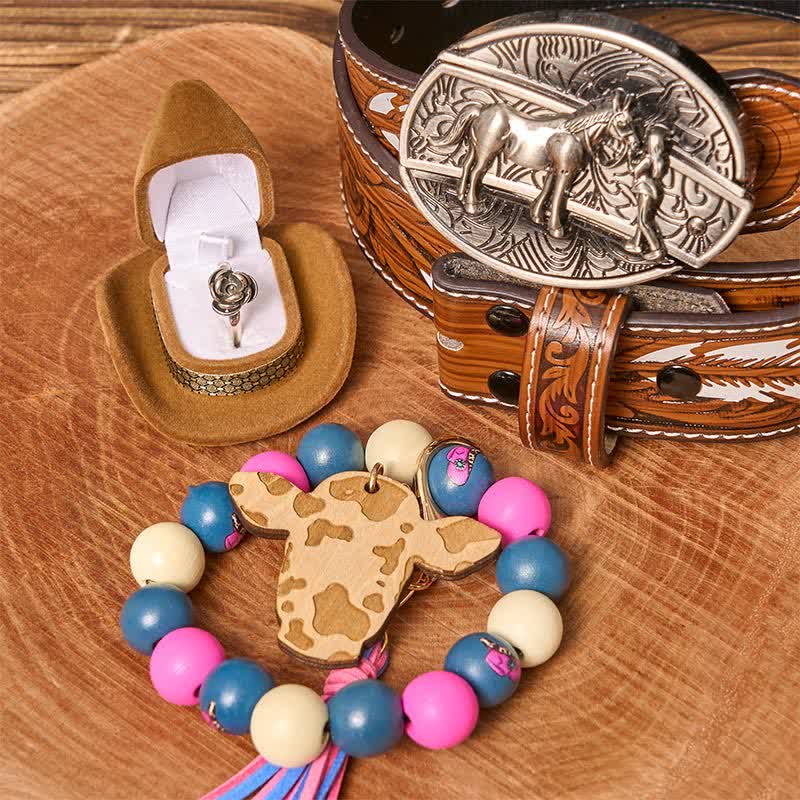 Ensemble de bracelets en perles de bois avec boucle de ceinture et couteau caché pour cowgirl