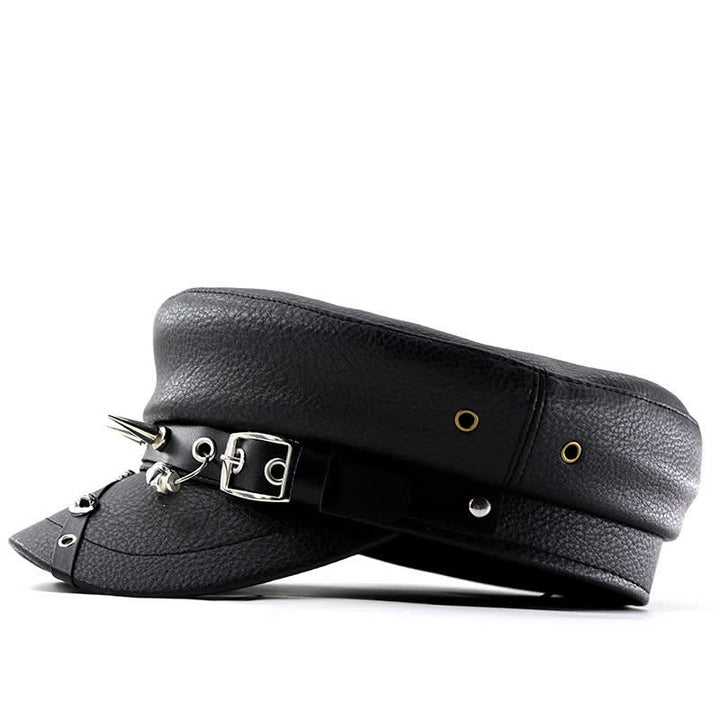 Béret en cuir noir pour femme, casquette punk rivetée bleu marine