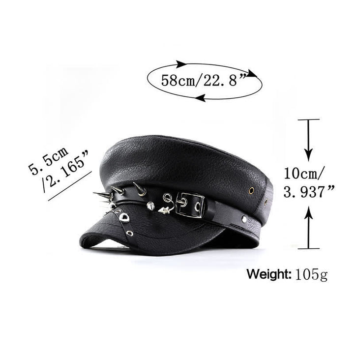 Béret en cuir noir pour femme, casquette punk rivetée bleu marine