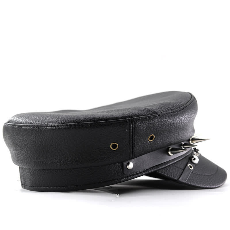 Béret en cuir noir pour femme, casquette punk rivetée bleu marine