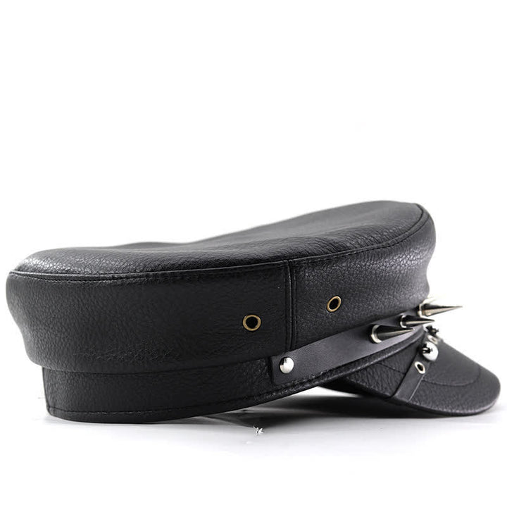 Béret en cuir noir pour femme, casquette punk rivetée bleu marine