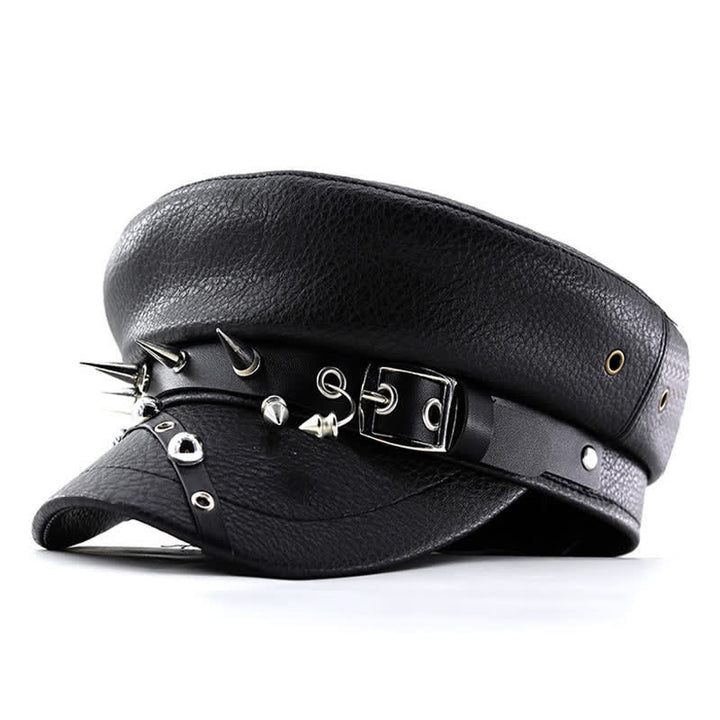 Béret en cuir noir pour femme, casquette punk rivetée bleu marine
