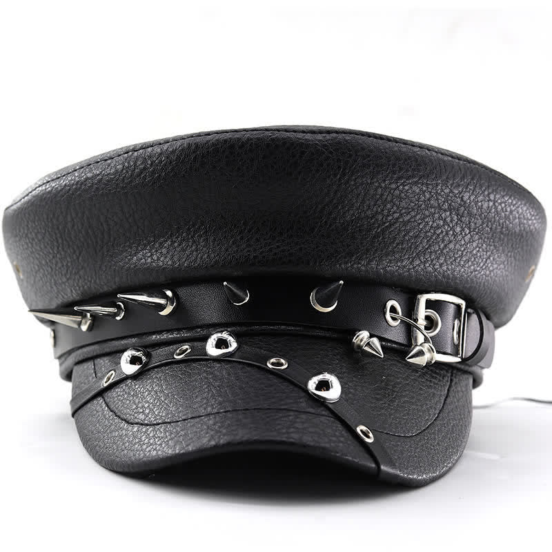Béret en cuir noir pour femme, casquette punk rivetée bleu marine