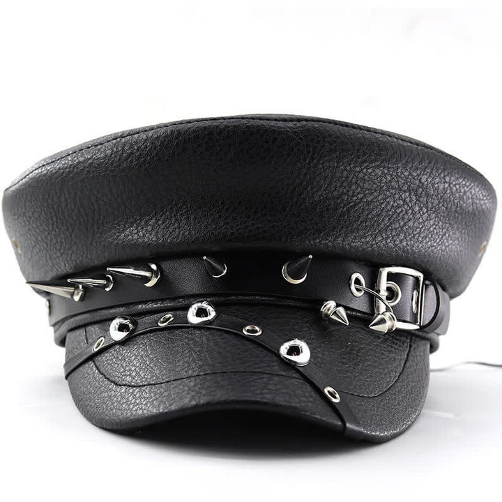 Béret en cuir noir pour femme, casquette punk rivetée bleu marine