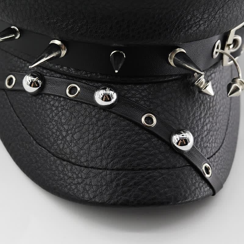 Béret en cuir noir pour femme, casquette punk rivetée bleu marine