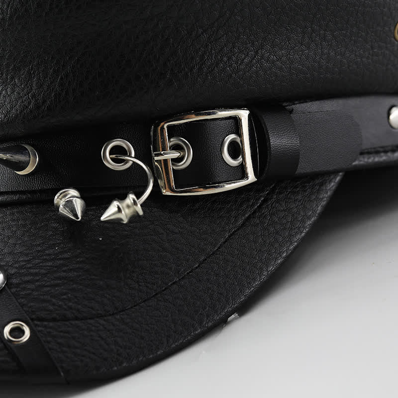 Béret en cuir noir pour femme, casquette punk rivetée bleu marine