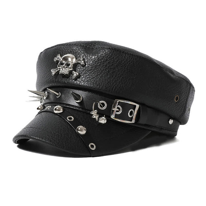 Béret élégant en cuir noir pour femme avec rivets et tête de mort