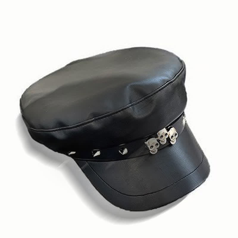 Béret unisexe en cuir clouté avec tête de mort de style foncé