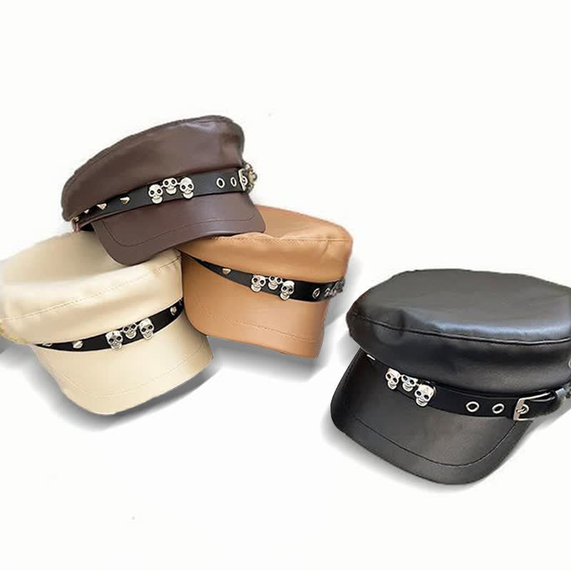 Béret unisexe en cuir clouté avec tête de mort de style foncé