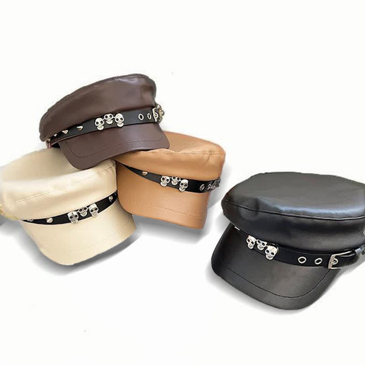 Béret unisexe en cuir clouté avec tête de mort de style foncé