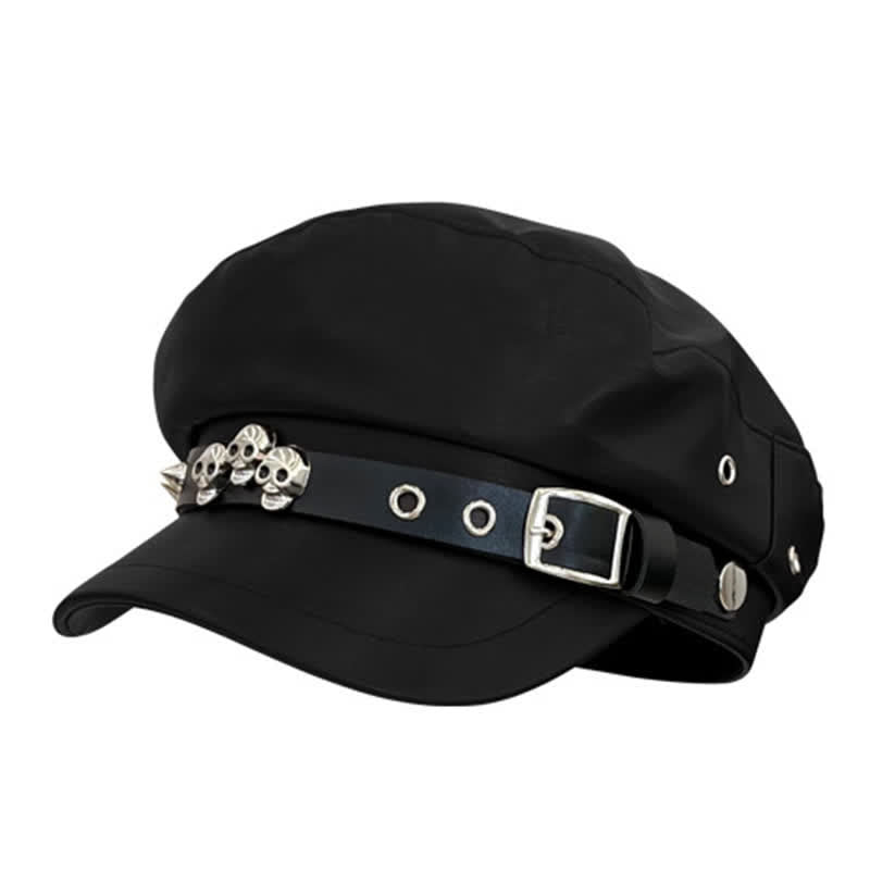 Béret unisexe en cuir clouté avec tête de mort de style foncé