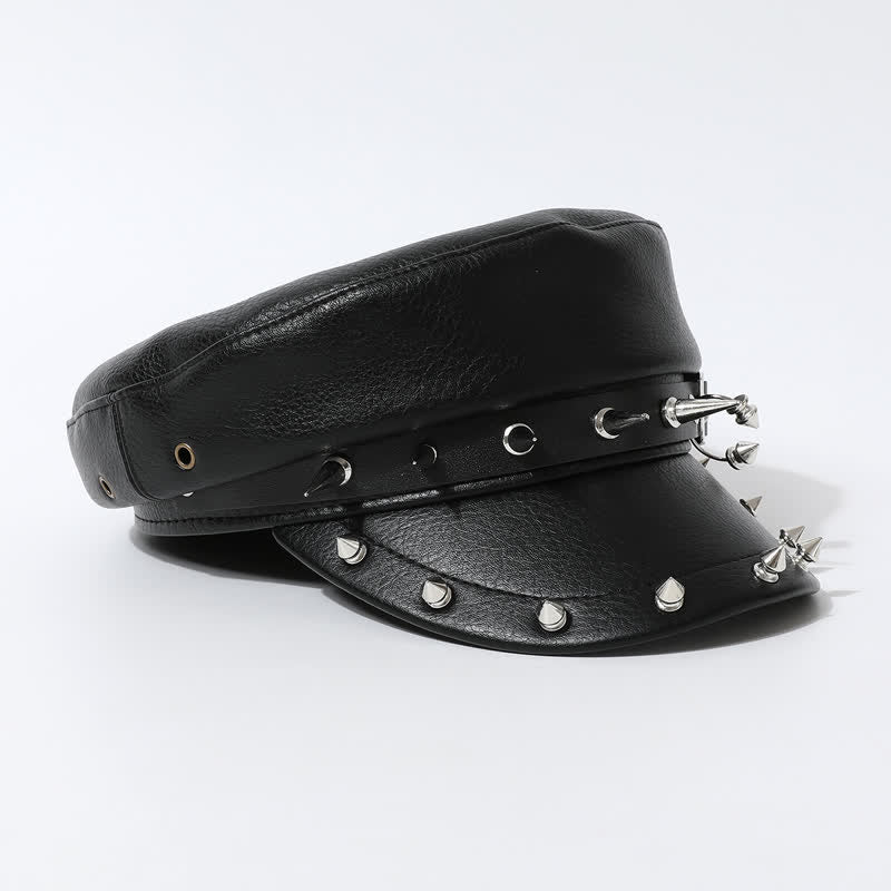 Béret en cuir noir à rivets et cœurs style hip-hop