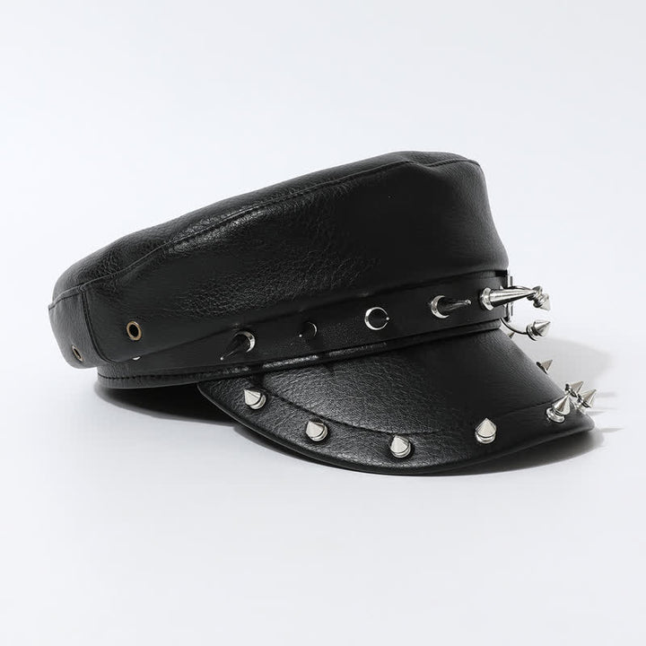 Béret en cuir noir à rivets et cœurs style hip-hop