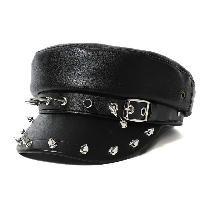 Béret en cuir noir à rivets et cœurs style hip-hop