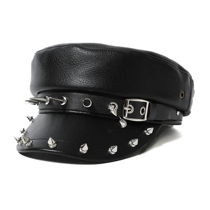 Béret en cuir noir à rivets et cœurs style hip-hop