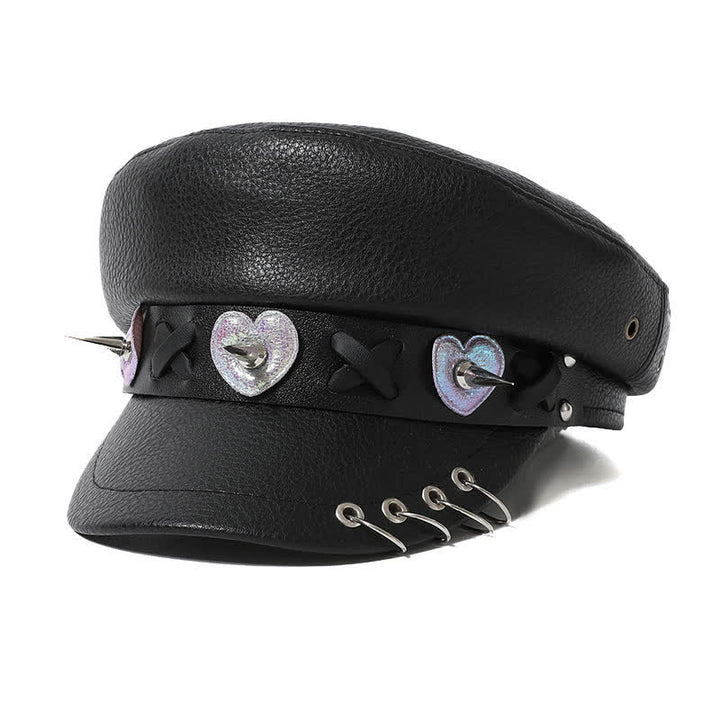 Béret en cuir noir à rivets et cœurs style hip-hop