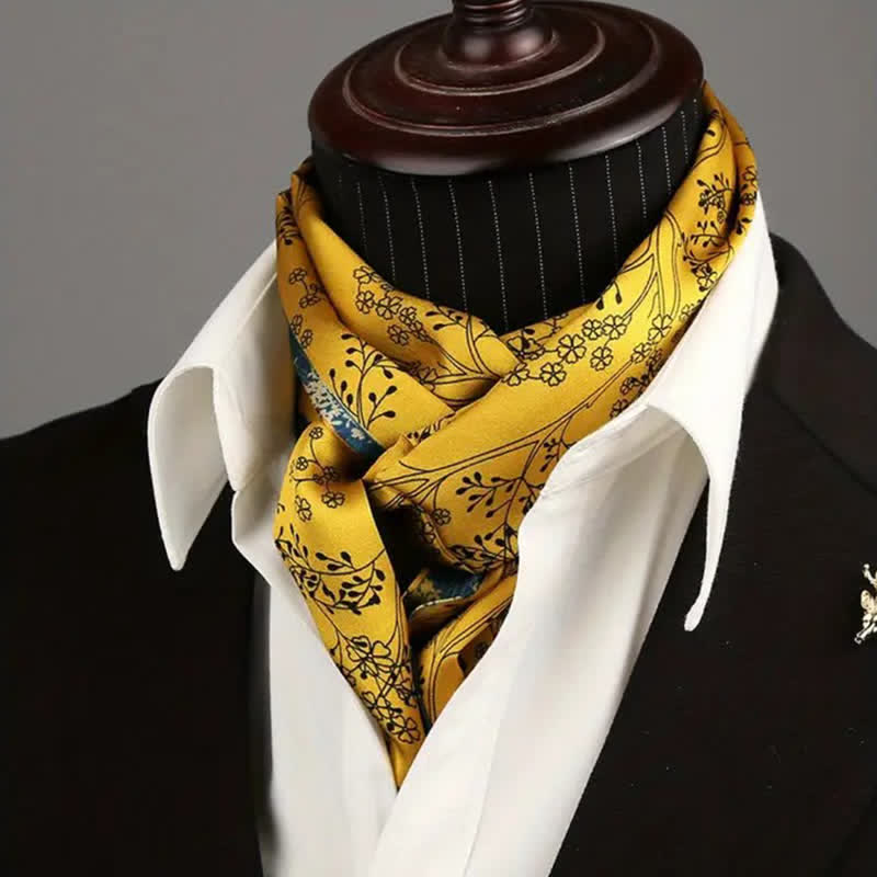 Écharpe longue et fine en soie à motif floral bleu et jaune pour homme