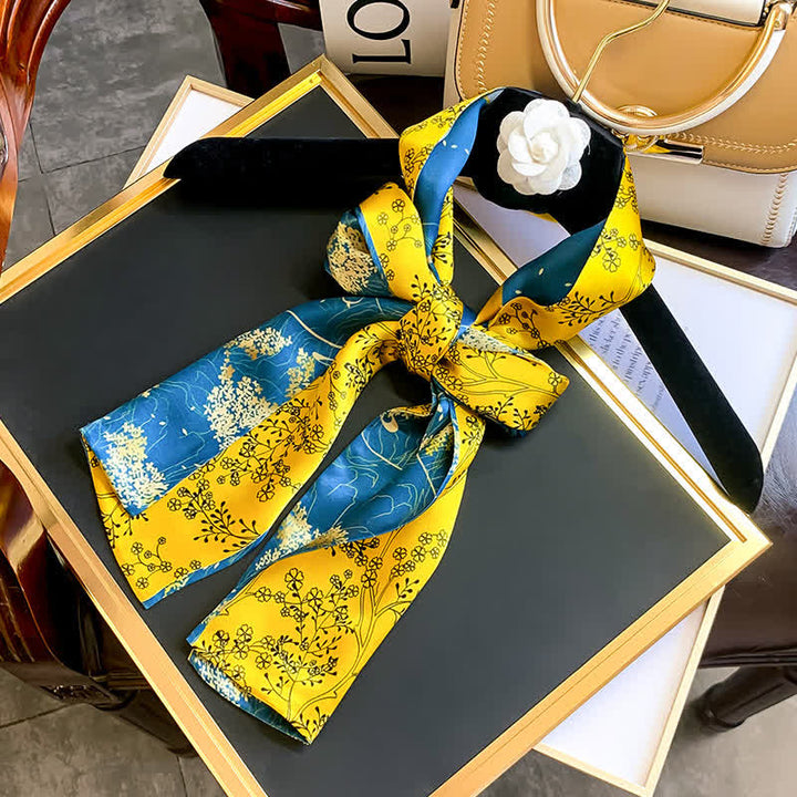 Écharpe longue et fine en soie à motif floral bleu et jaune pour homme