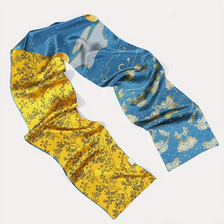 Écharpe longue et fine en soie à motif floral bleu et jaune pour homme