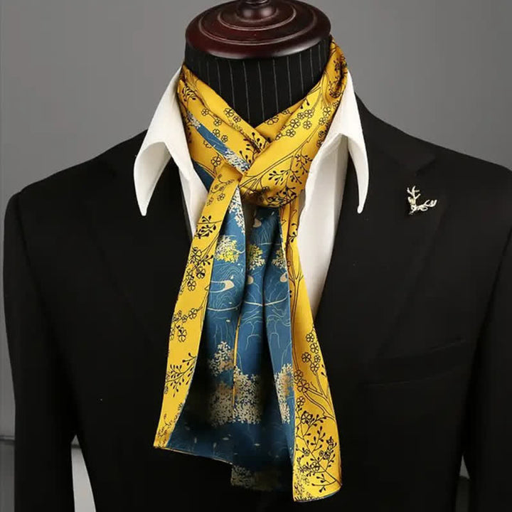 Écharpe longue et fine en soie à motif floral bleu et jaune pour homme