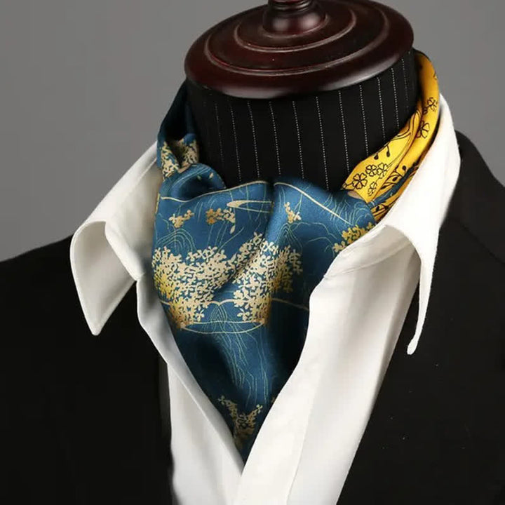 Écharpe longue et fine en soie à motif floral bleu et jaune pour homme