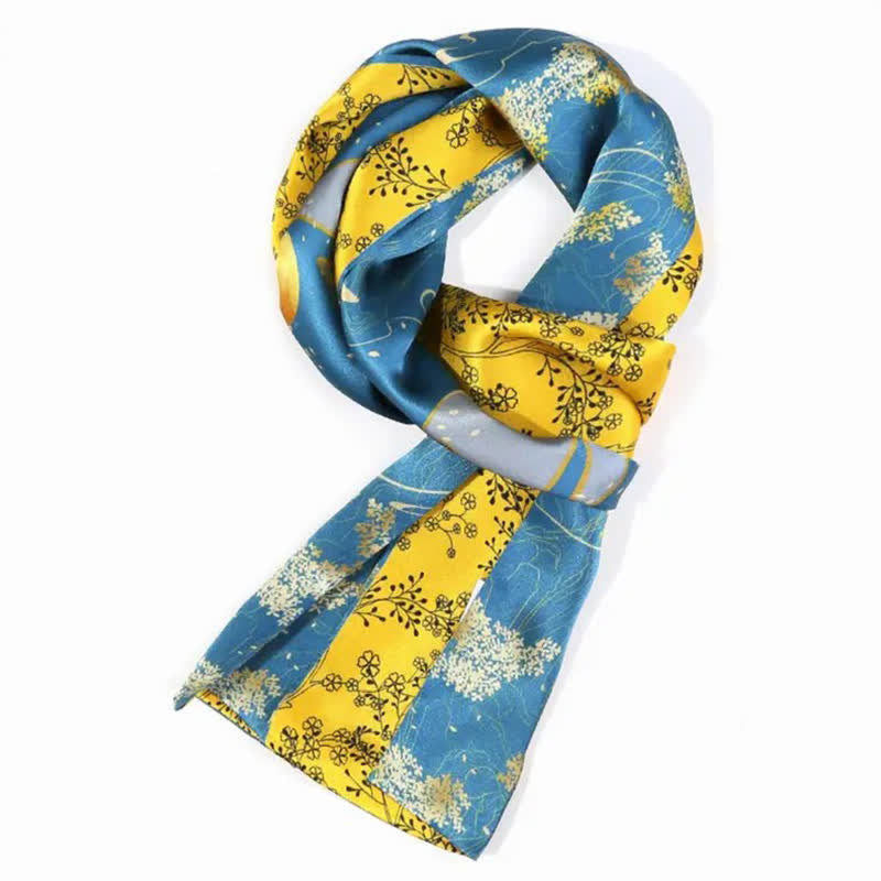Écharpe longue et fine en soie à motif floral bleu et jaune pour homme