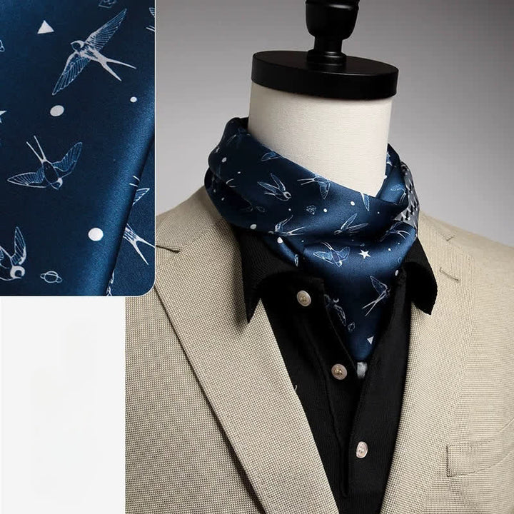 Écharpe longue et fine en soie double face pour homme, motif hirondelle bleu ciel et blanc