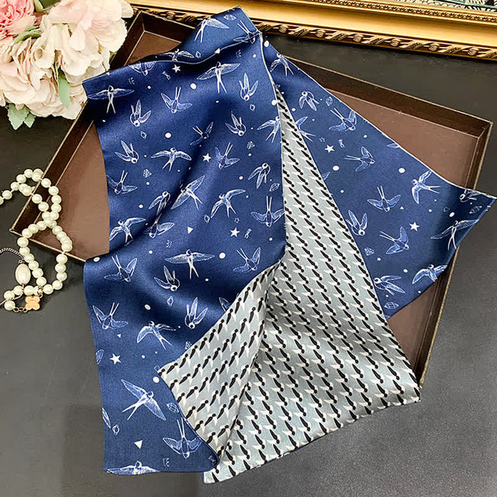 Écharpe longue et fine en soie double face pour homme, motif hirondelle bleu ciel et blanc