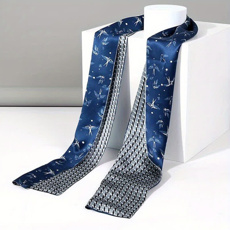 Écharpe longue et fine en soie double face pour homme, motif hirondelle bleu ciel et blanc