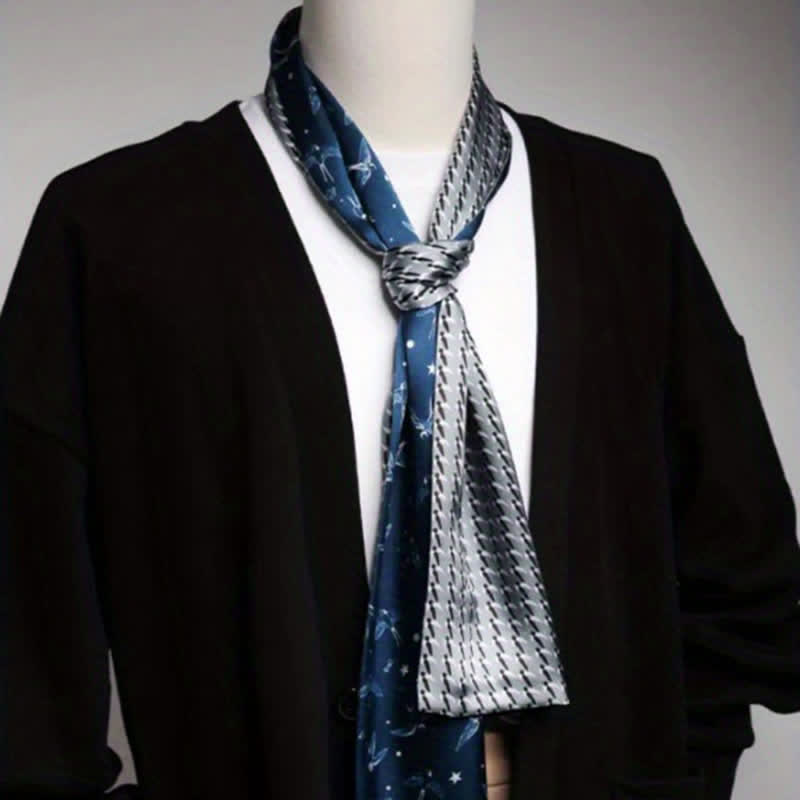 Écharpe longue et fine en soie double face pour homme, motif hirondelle bleu ciel et blanc